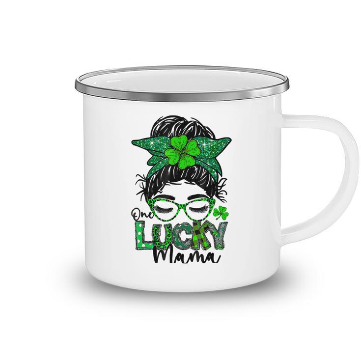 One Lucky Mama Messy Bun Shamrock St Patricks Day Camping Mug