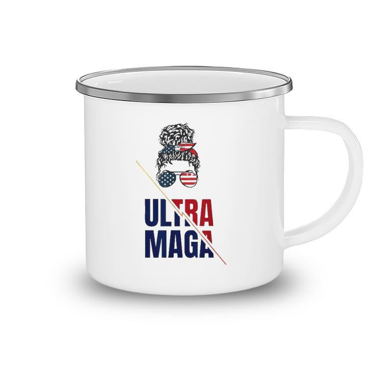 Pro Trump Ultra Mega Messy Bun Usa Flag Anti Joe Biden Camping Mug