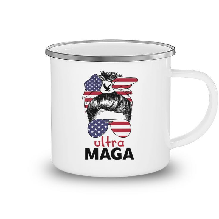 Ultra Maga American Flag Womens Messy Bun Wearing Glasses Camping Mug