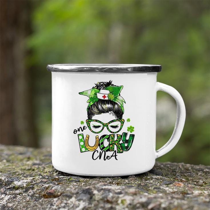 One Lucky Cna Messy Bun Shamrocks St Patricks Day Camping Mug