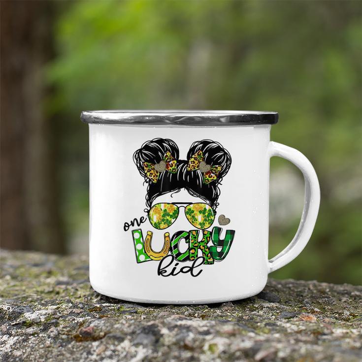 One Lucky Kid Messy Bun Shamrock St Patricks Day Camping Mug