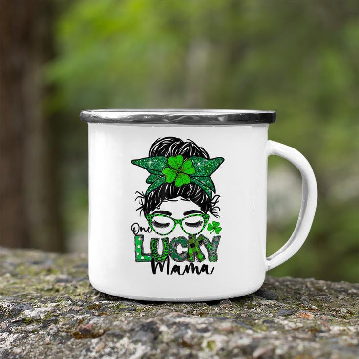 One Lucky Mama Messy Bun Shamrock St Patricks Day Camping Mug