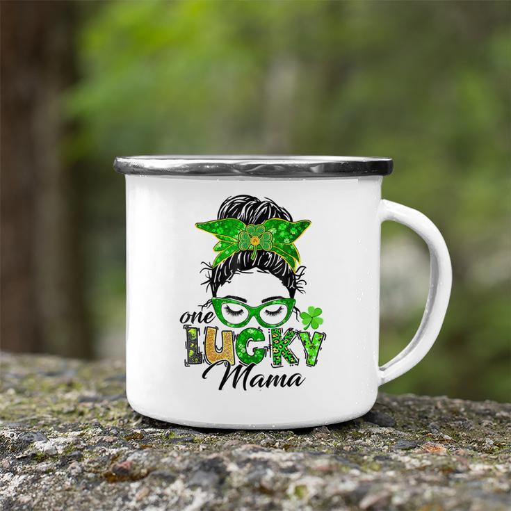 One Lucky Mama St Patricks Day Irish Shamrock Messy Bun Mom Camping Mug