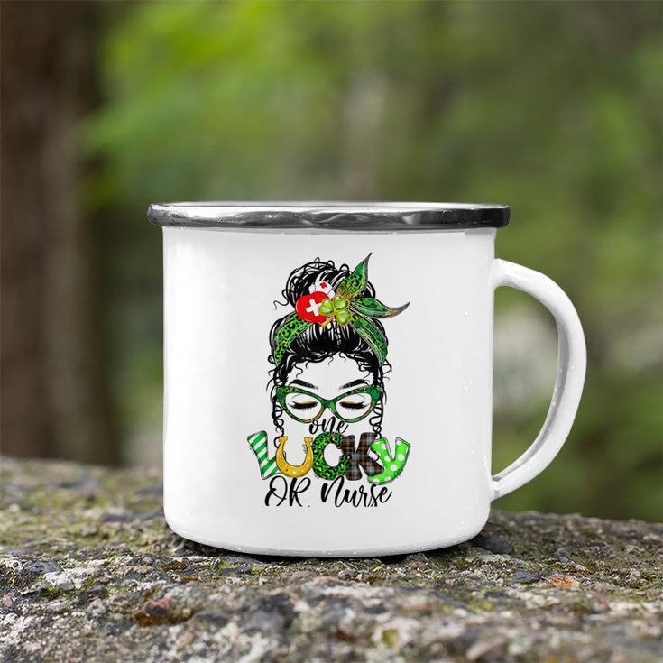 One Lucky Or Nurse Messy Bun Shamrock St Patricks Day Irish Camping Mug