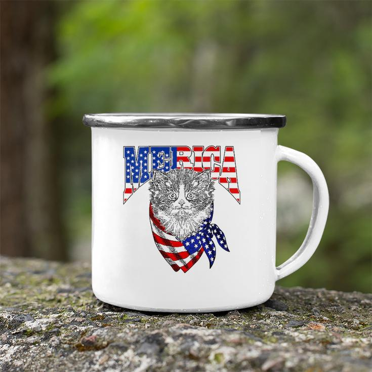Womens Merica Cat Happy 4Th Of July American Flag Great Family Gift V-Neck Camping Mug