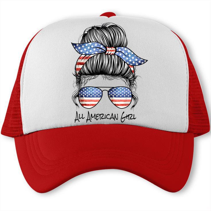 All American Girl Messy Bun American Flag 4Th Of July Trucker Cap