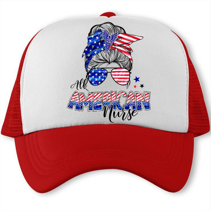 American Flag Patriotic Nurse Messy Bun 4Th Of July  Trucker Cap