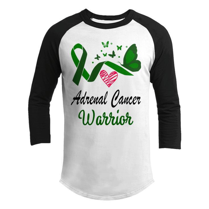 Adrenal Cancer Warrior Butterfly  Green Ribbon  Adrenal Cancer  Adrenal Cancer Awareness Youth Raglan Shirt