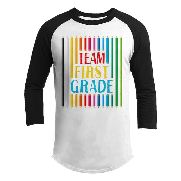 Kids First Day Of School Team 1St Grade Colored Crayons Funny  Youth Raglan Shirt