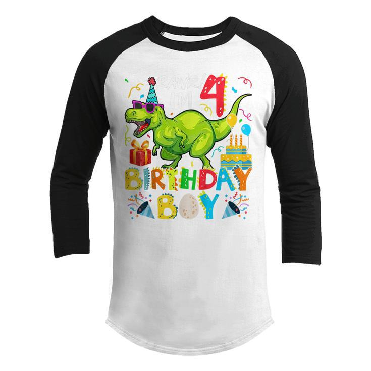Kids Rawr Im 4Th Birthday Boy Dinosaur T-Rex 4 Years Old  Youth Raglan Shirt