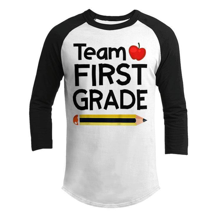 Kids Team First 1St Grade Back To School Pencil Youth Kids Gift  Youth Raglan Shirt