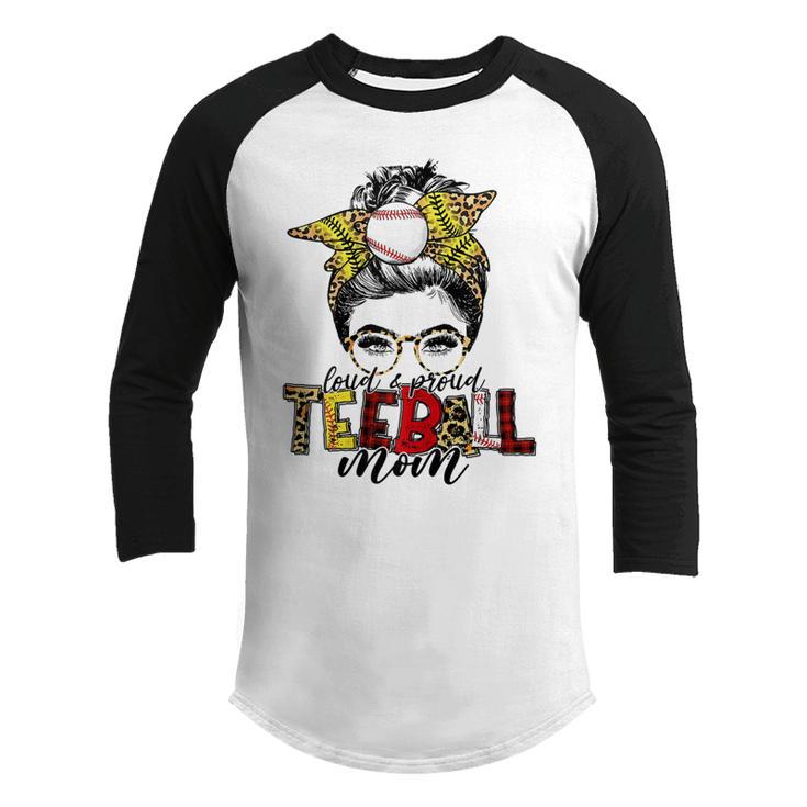 Teeball Mom Leopard Ball Mom Messy Hair Bun Mothers Day Youth Raglan Shirt