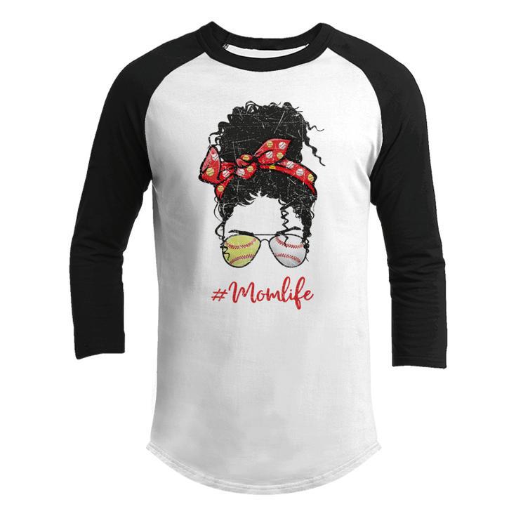 Baseball Softball Momlife Mom Messy Bun Afro Mom Mothers Day Youth Raglan Shirt