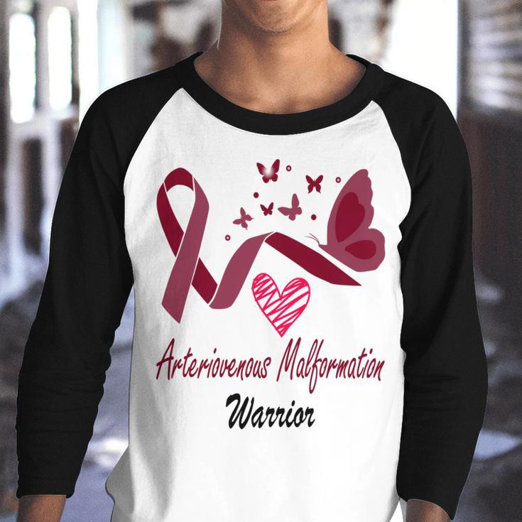 Arteriovenous Malformation Warrior Butterfly Funny Unicorn Burgundy Ribbon Arteriovenous Malformation Support Arteriovenous Malformation Awareness Youth Raglan Shirt