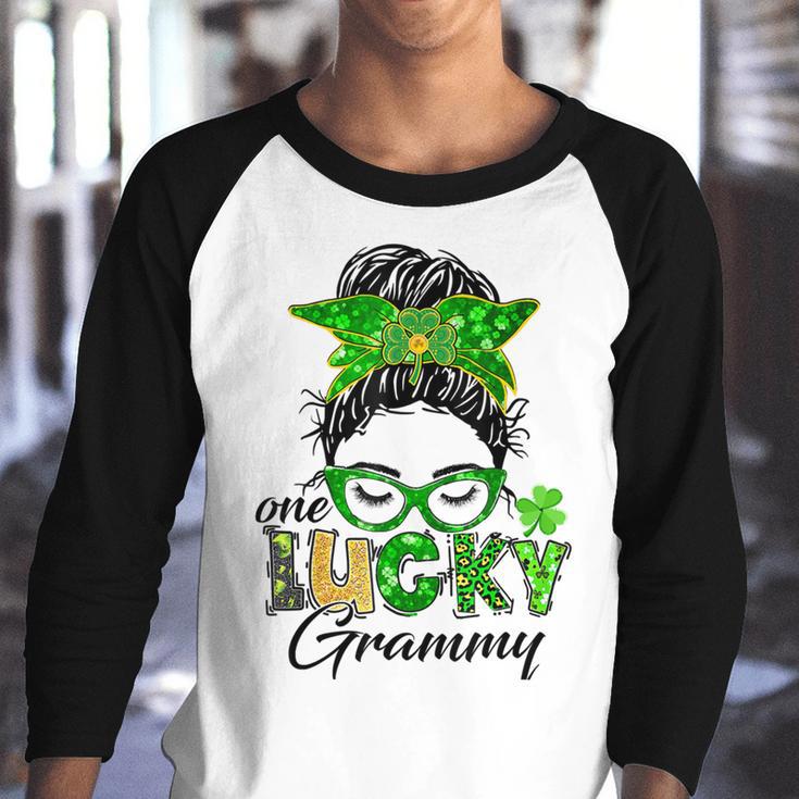 One Lucky Grammy St Patricks Day Messy Bun Mom Irish Youth Raglan Shirt