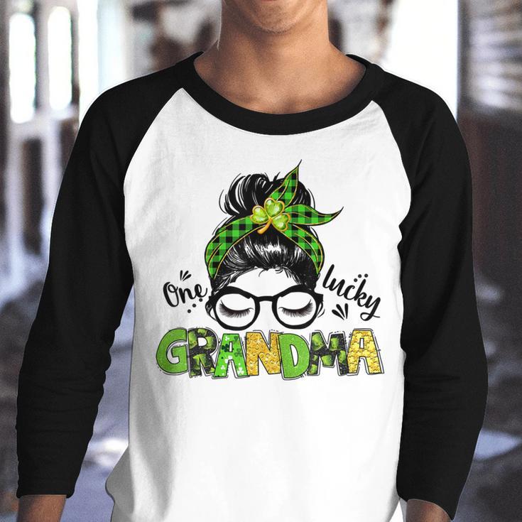 One Lucky Grandma Messy Bun Leopard St Patricks Day Youth Raglan Shirt