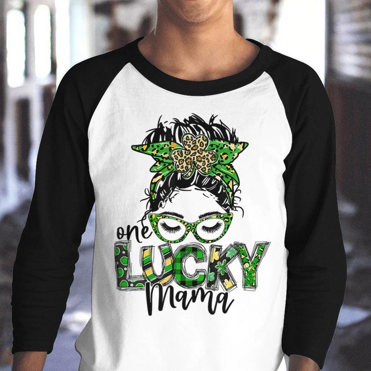 One Lucky Mama St Patricks Day Leopard Messy Bun Youth Raglan Shirt