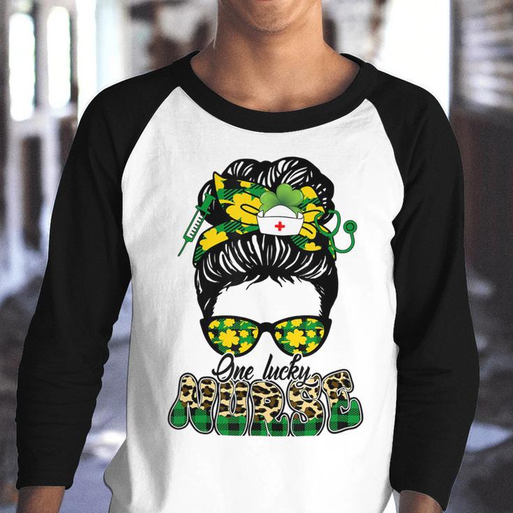 One Lucky Nurse Irish Leopard Messy Bun St Patricks Day Youth Raglan Shirt