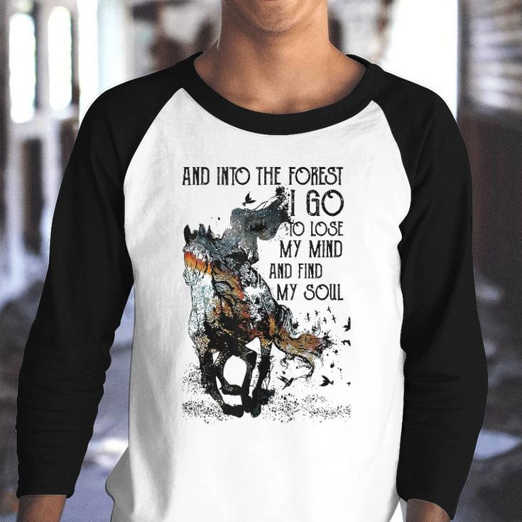 Retro Cowgirl Riding Horse Into Forest I Go Western Cowboy Youth Raglan Shirt