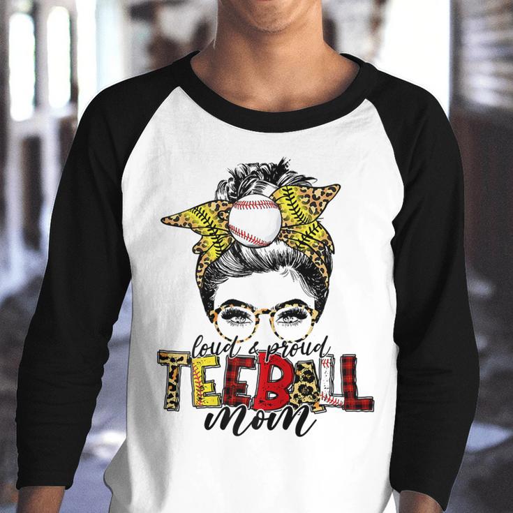 Teeball Mom Leopard Ball Mom Messy Hair Bun Mothers Day Youth Raglan Shirt