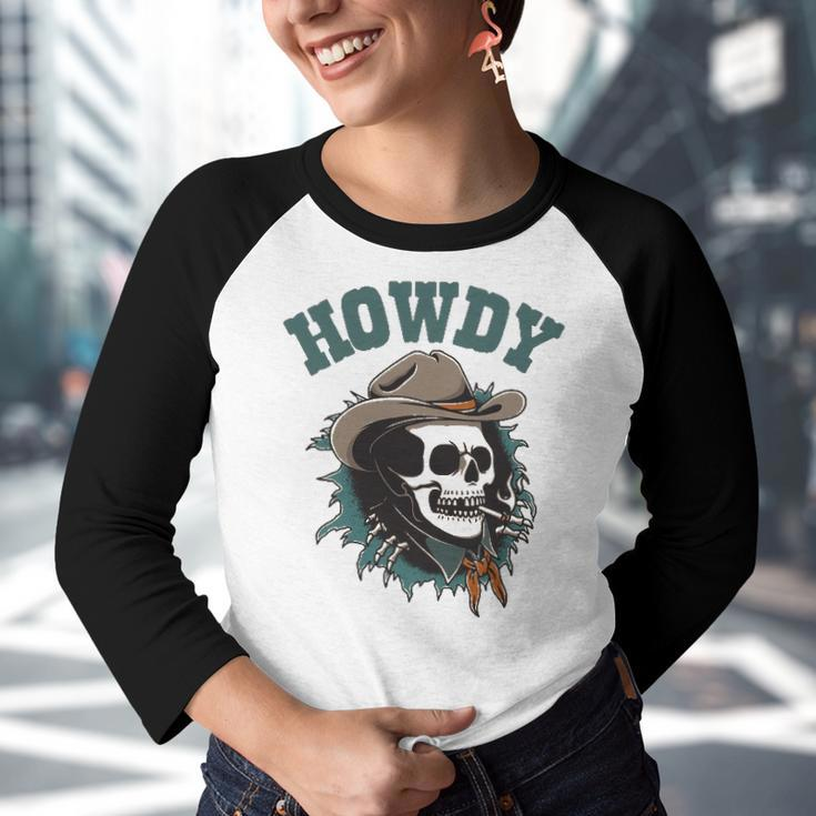 Howdy Cowboy Skull Western Rodeo Vintage Country Southern Youth Raglan Shirt
