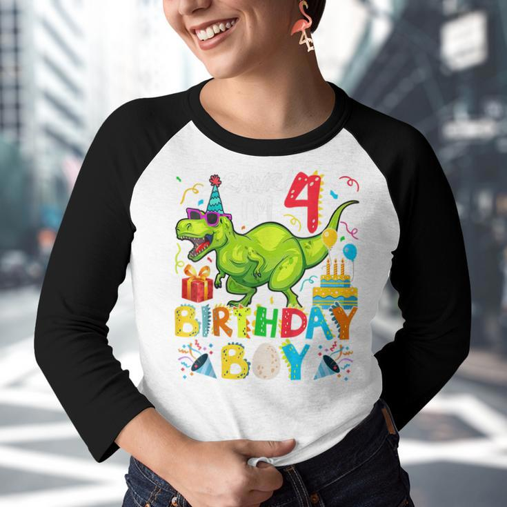 Kids Rawr Im 4Th Birthday Boy Dinosaur T-Rex 4 Years Old Youth Raglan Shirt