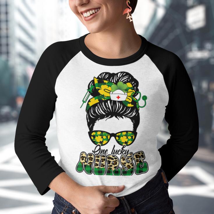 One Lucky Nurse Irish Leopard Messy Bun St Patricks Day Youth Raglan Shirt