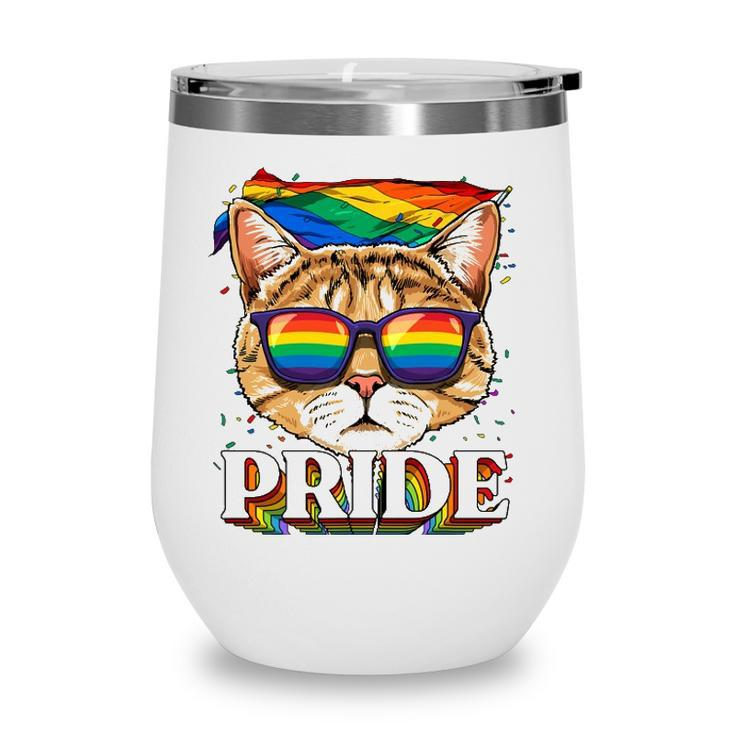 Lgbt Cat Gay Pride Lgbtq Rainbow Flag Sunglasses Wine Tumbler