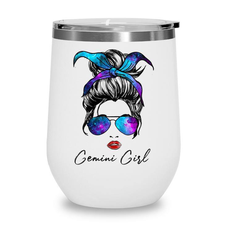 Womens Gemini Girl Zodiac Sign Horoscope Birthday Messy Bun Galaxy  Wine Tumbler