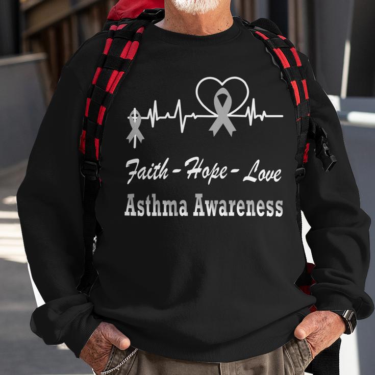 Faith Hope Love Asthma Awareness Heartbeat Christian Cross Grey Ribbon Asthma Asthma Awareness Sweatshirt Gifts for Old Men