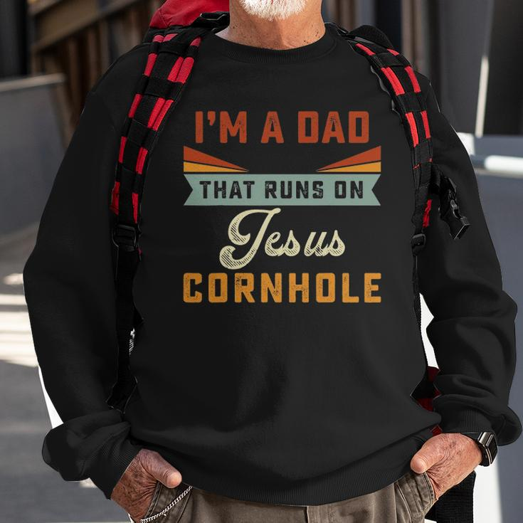 Mens Im A Dad That Runs On Jesus Cornhole Christian Vintage Gift Sweatshirt Gifts for Old Men