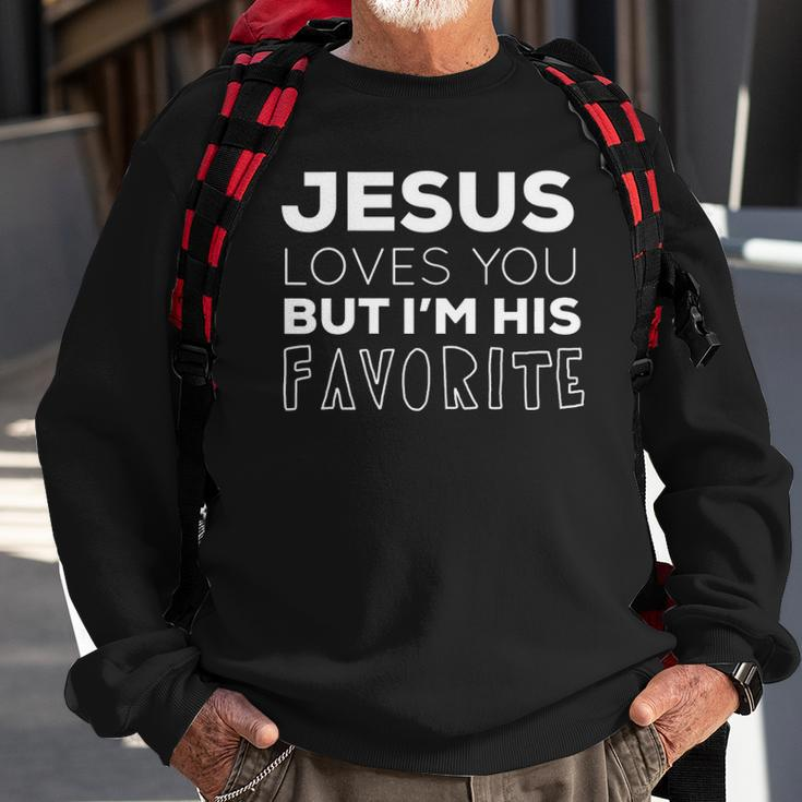 Womens Jesus Loves You But Im His Favorite Funny Christian V Neck Sweatshirt Gifts for Old Men