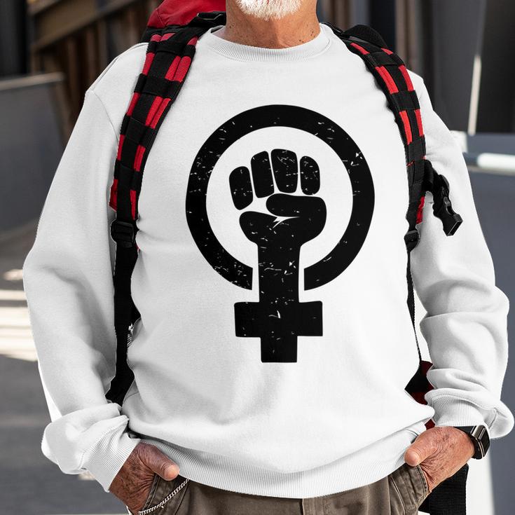 Feminist Raised Fist - Distressed Fitted Sweatshirt Gifts for Old Men