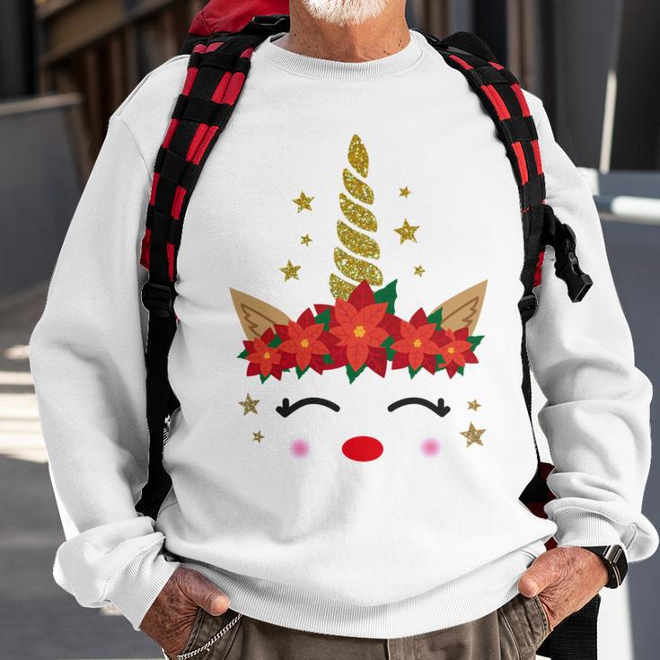 New Christmas Unicorn Face Santicorn Poinsettia Crown Cute Sweatshirt Gifts for Old Men