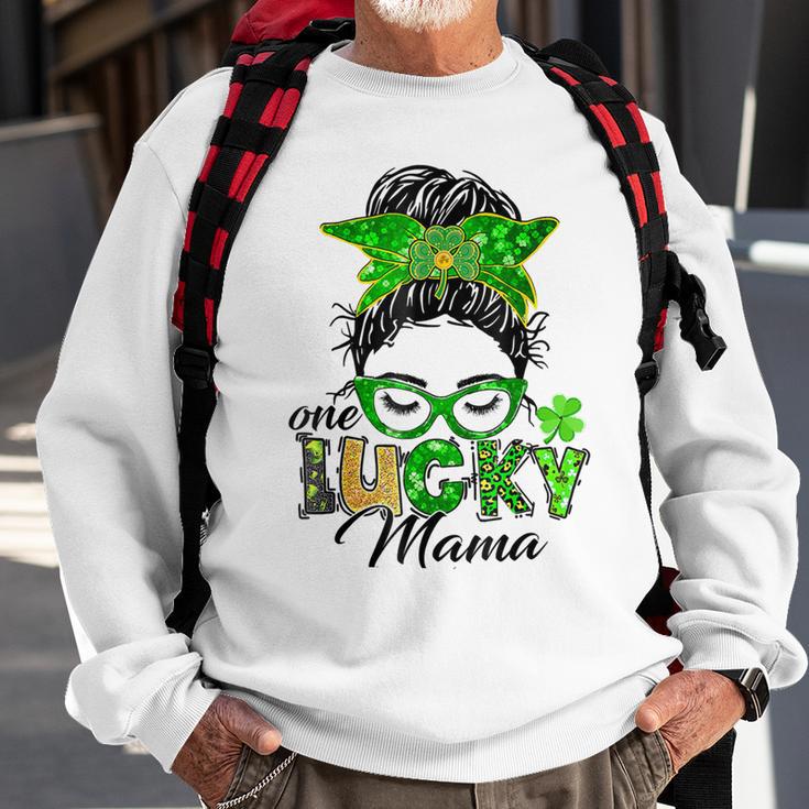 One Lucky Mama St Patricks Day Irish Shamrock Messy Bun Mom Sweatshirt Gifts for Old Men