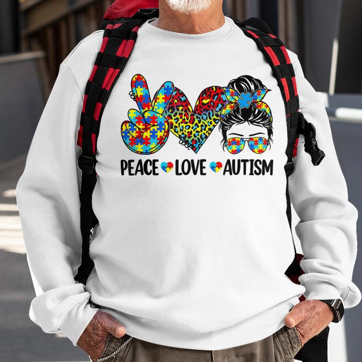 Peace Love Autism Mom Life Messy Bun Blue Autism Awareness Sweatshirt Gifts for Old Men