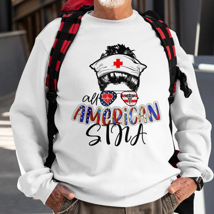 Stna All American Nurse Messy Buns Hair 4Th Of July Day Usa Sweatshirt Gifts for Old Men