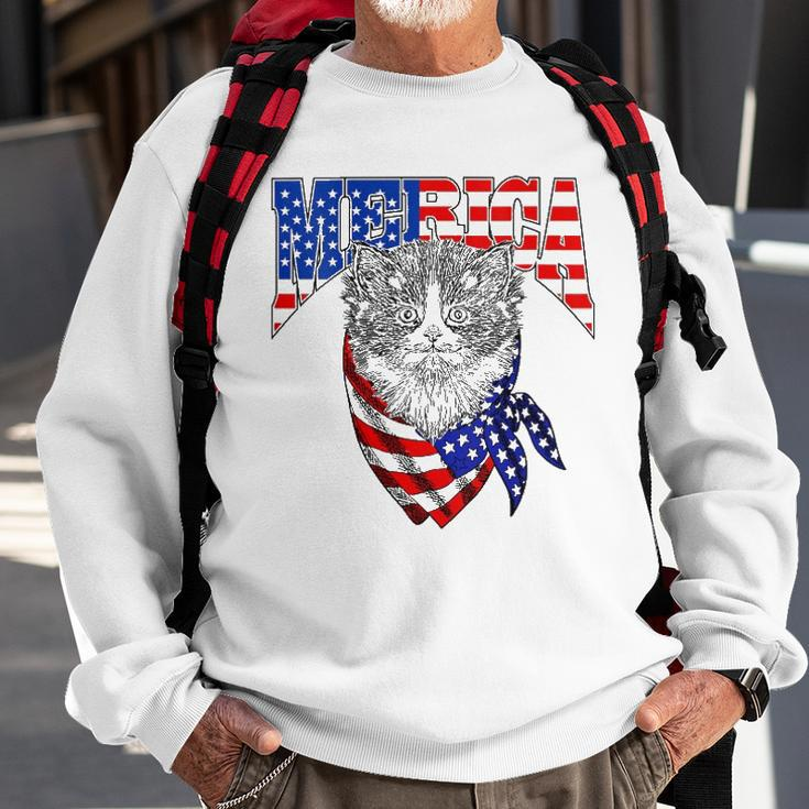 Womens Merica Cat Happy 4Th Of July American Flag Great Family Gift V-Neck Sweatshirt Gifts for Old Men