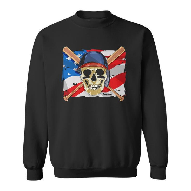 Baseball Skull 4Th Of July American Player Usa Flag Sweatshirt