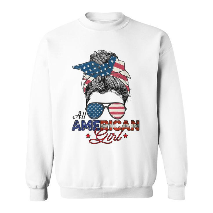 All American Girl 4Th July Messy Bun Us Flag  Sweatshirt