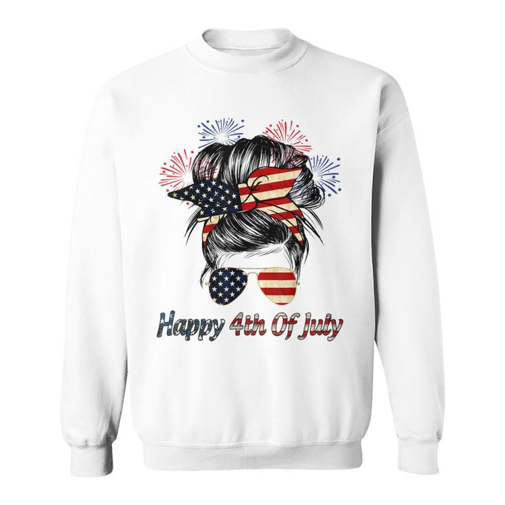 Happy 4Th Of July Messy Bun American Flag Firework  Sweatshirt