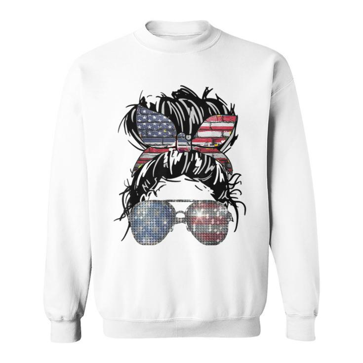 Messy Bun American Flag Glasses 4Th Of July Patriotic  Sweatshirt