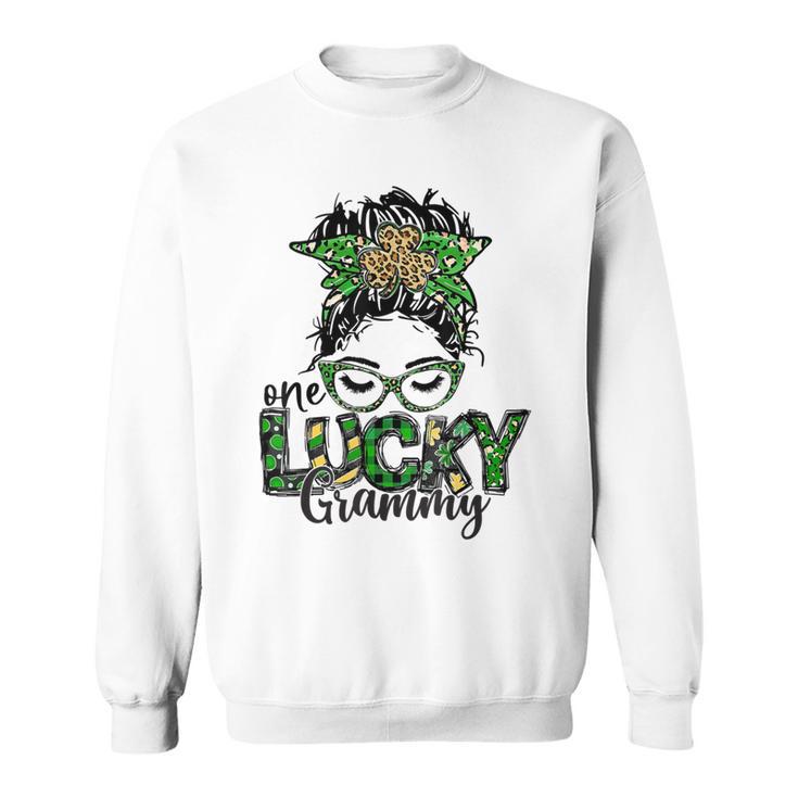 One Lucky Grammy St Patricks Day Messy Bun Leopard Sweatshirt