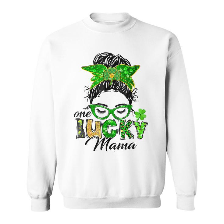 One Lucky Mama St Patricks Day Irish Shamrock Messy Bun Mom Sweatshirt