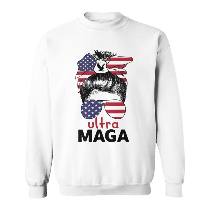Ultra Maga American Flag Womens Messy Bun Wearing Glasses Sweatshirt