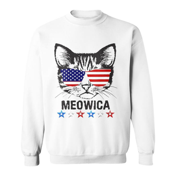 Womens 4Th Of July American Flag Cat Meowica  V-Neck Sweatshirt