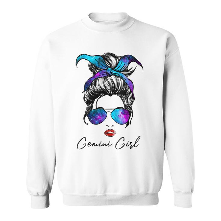 Womens Gemini Girl Zodiac Sign Horoscope Birthday Messy Bun Galaxy  Sweatshirt