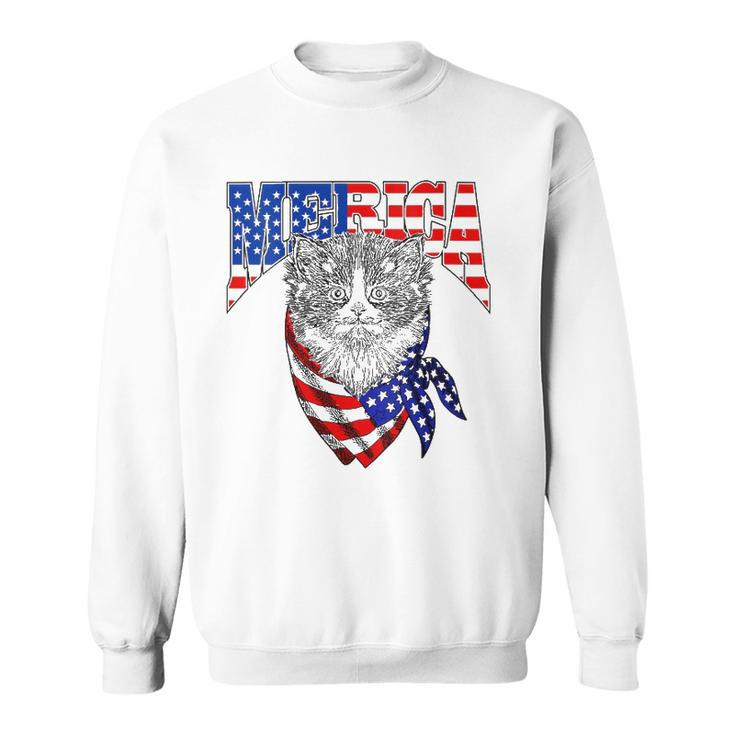 Womens Merica Cat Happy 4Th Of July American Flag Great Family Gift V-Neck Sweatshirt