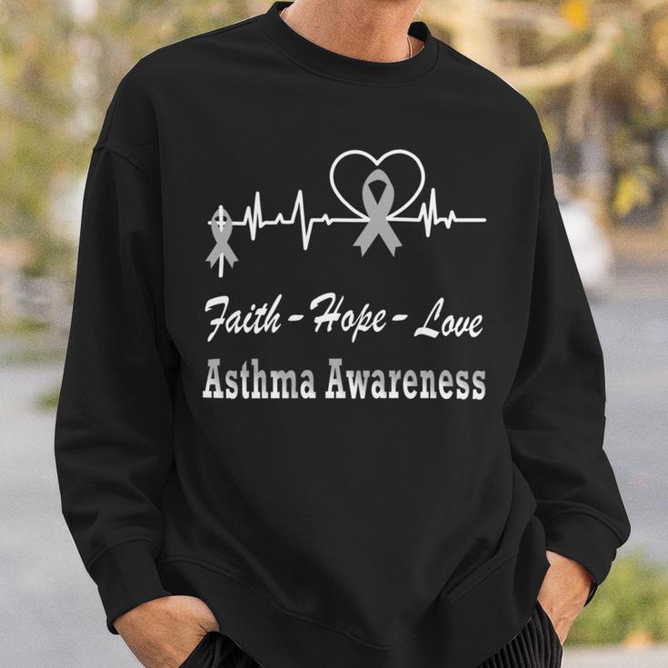 Faith Hope Love Asthma Awareness Heartbeat Christian Cross Grey Ribbon Asthma Asthma Awareness Sweatshirt Gifts for Him