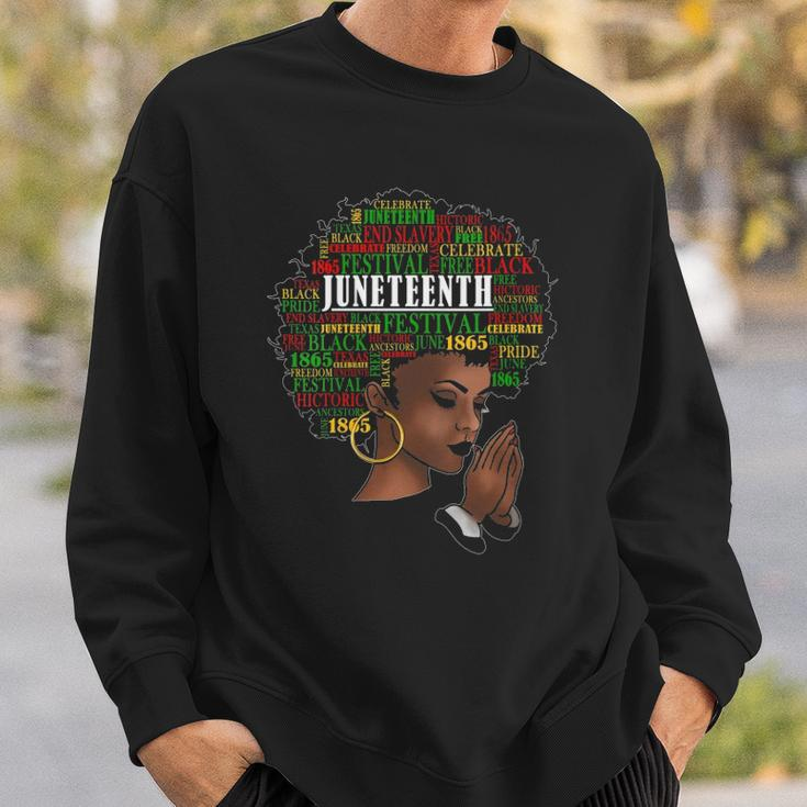 Womens Juneteenth Melanin Black Women Natural Hair Afro Word Art V Neck Sweatshirt Gifts for Him